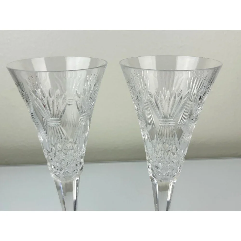 2 Waterford Crystal Millennium Wheat PROSPERITY Toasting Champagne Flutes 9.25" - Picture 10 of 16